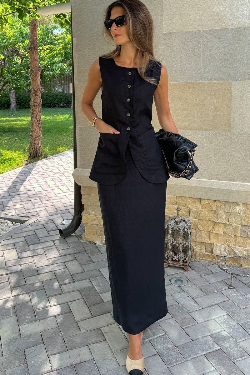 Ensemble Lorelei en lin avec gilet et jupe taille haute