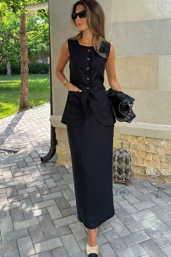 Ensemble Lorelei en lin avec gilet et jupe taille haute