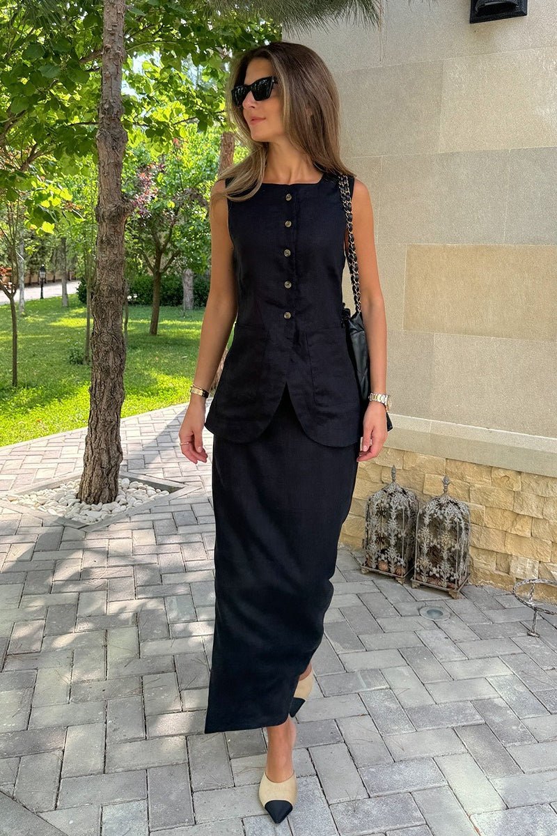 Ensemble Lorelei en lin avec gilet et jupe taille haute