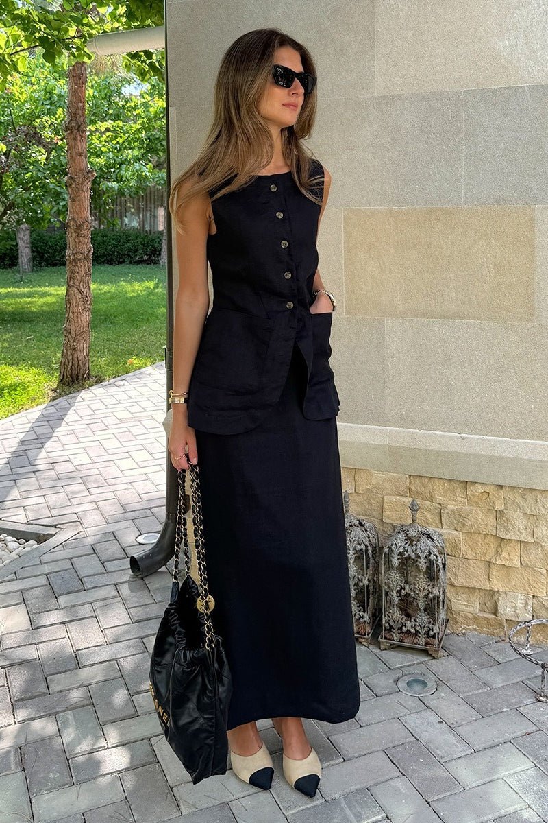 Ensemble Lorelei en lin avec gilet et jupe taille haute
