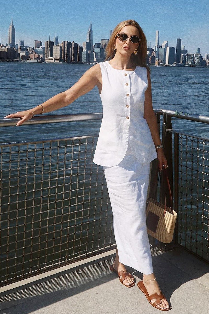 Ensemble Lorelei en lin avec gilet et jupe taille haute