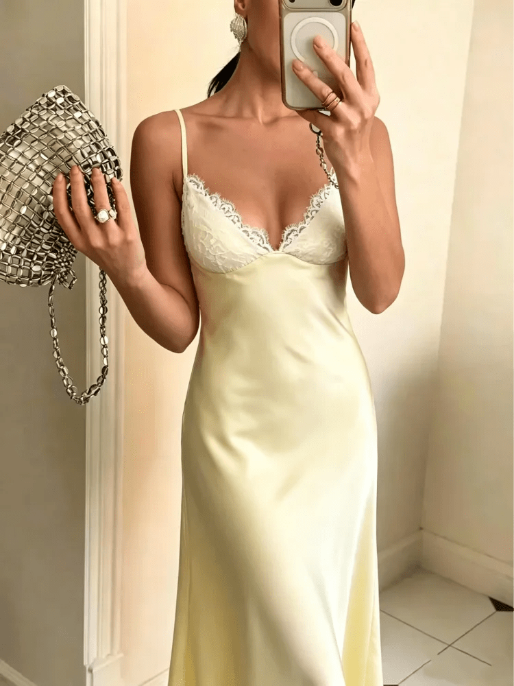 Robe midi Margot en satin et dentelle