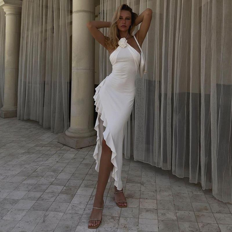 Robe dos nu Maricel fendue à ourlet volanté