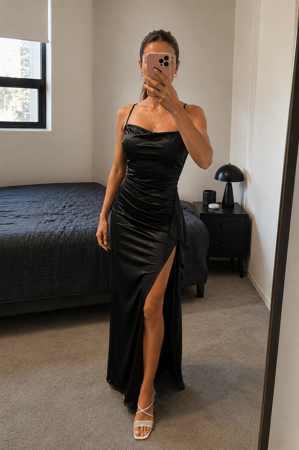 Miranda Satin Open-Back Maxi Dress