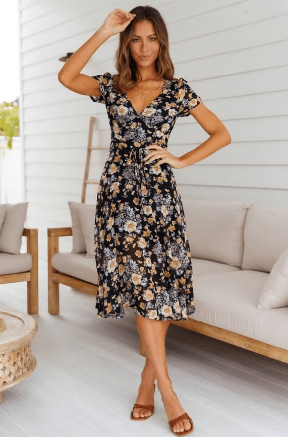 Robe midi Mona à col en V et imprimé floral