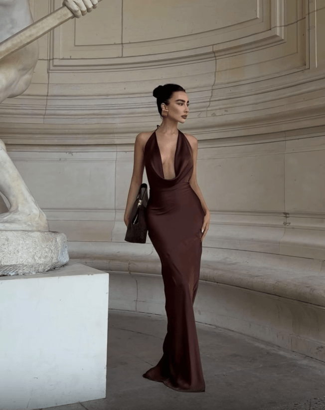 Naomi Brown Halter Backless Maxi Dress