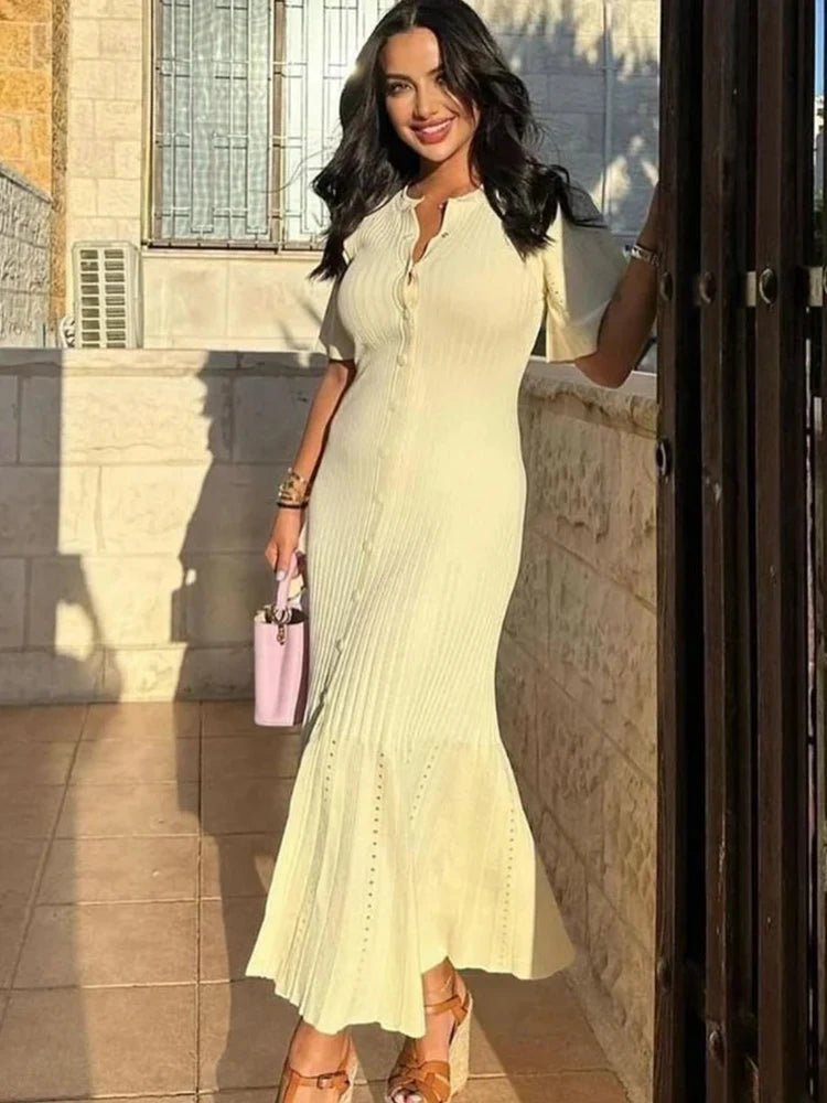 Robe midi en maille plissée à manches cloche Ninon