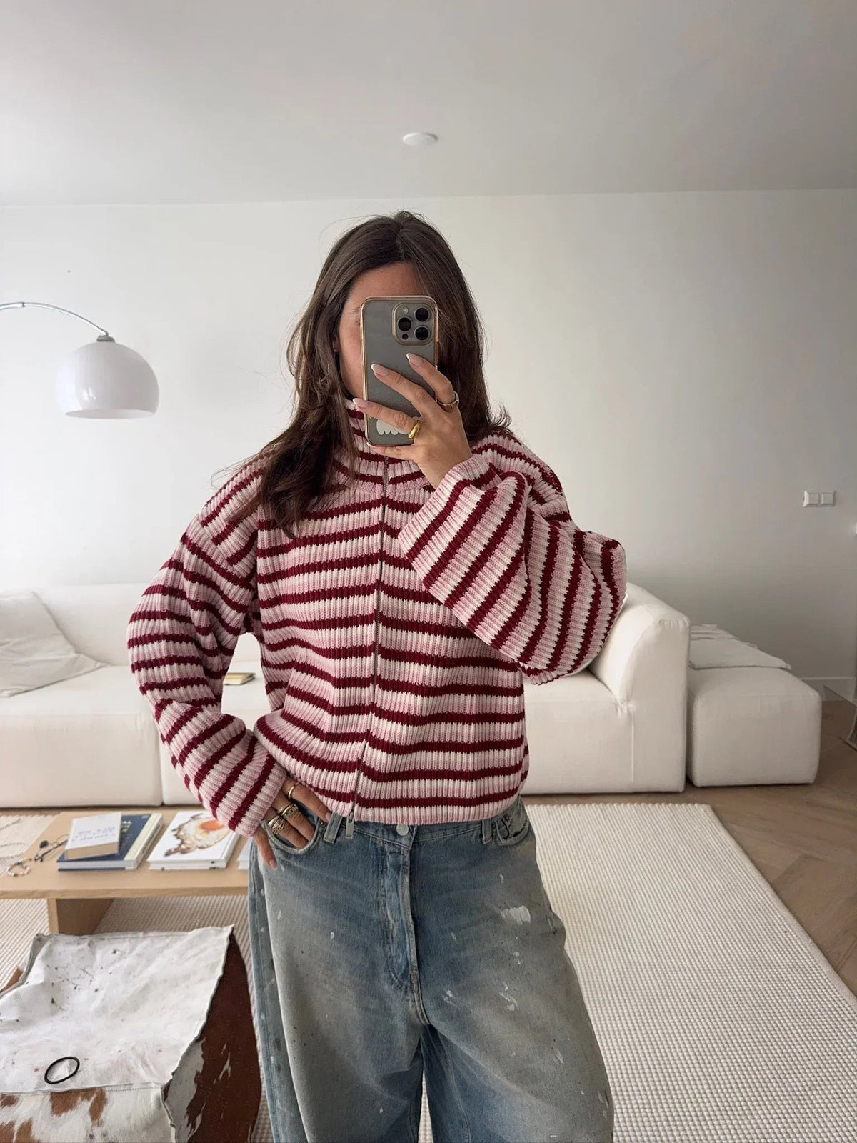 Pull oversize en maille rayée zippé Nora