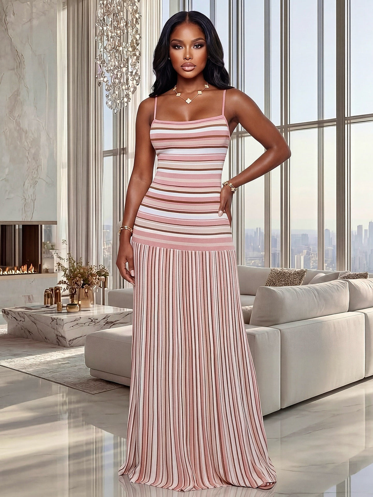 Robe longue rayée à fines bretelles Olivia