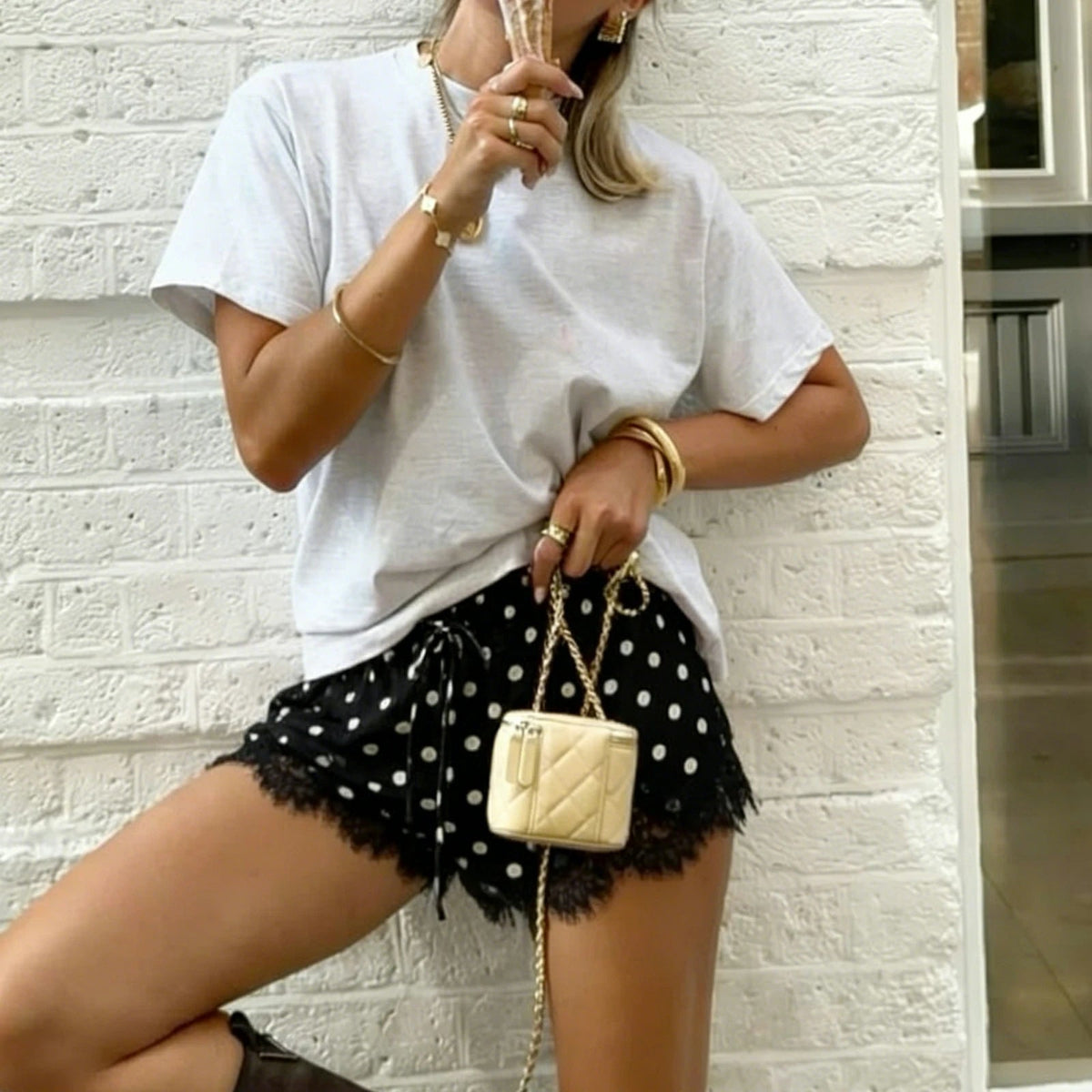 Short satiné noir à pois Paula