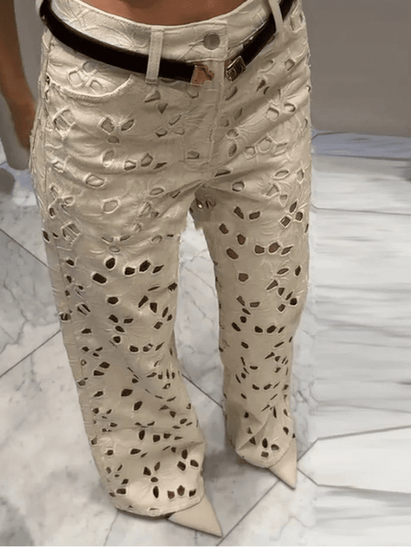 Jean droit Rachel taille haute en denim ajouré