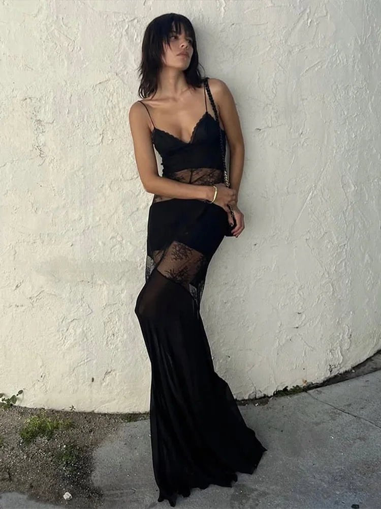 Robe longue Ravenna transparente en dentelle, style nuisette