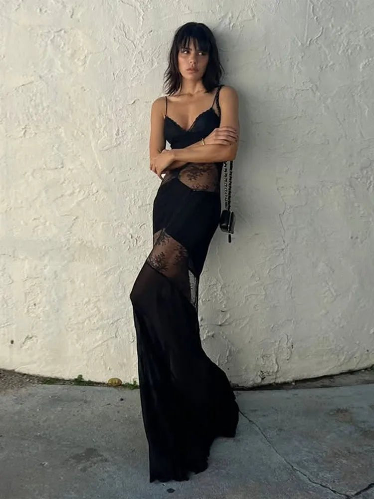 Robe longue Ravenna transparente en dentelle, style nuisette