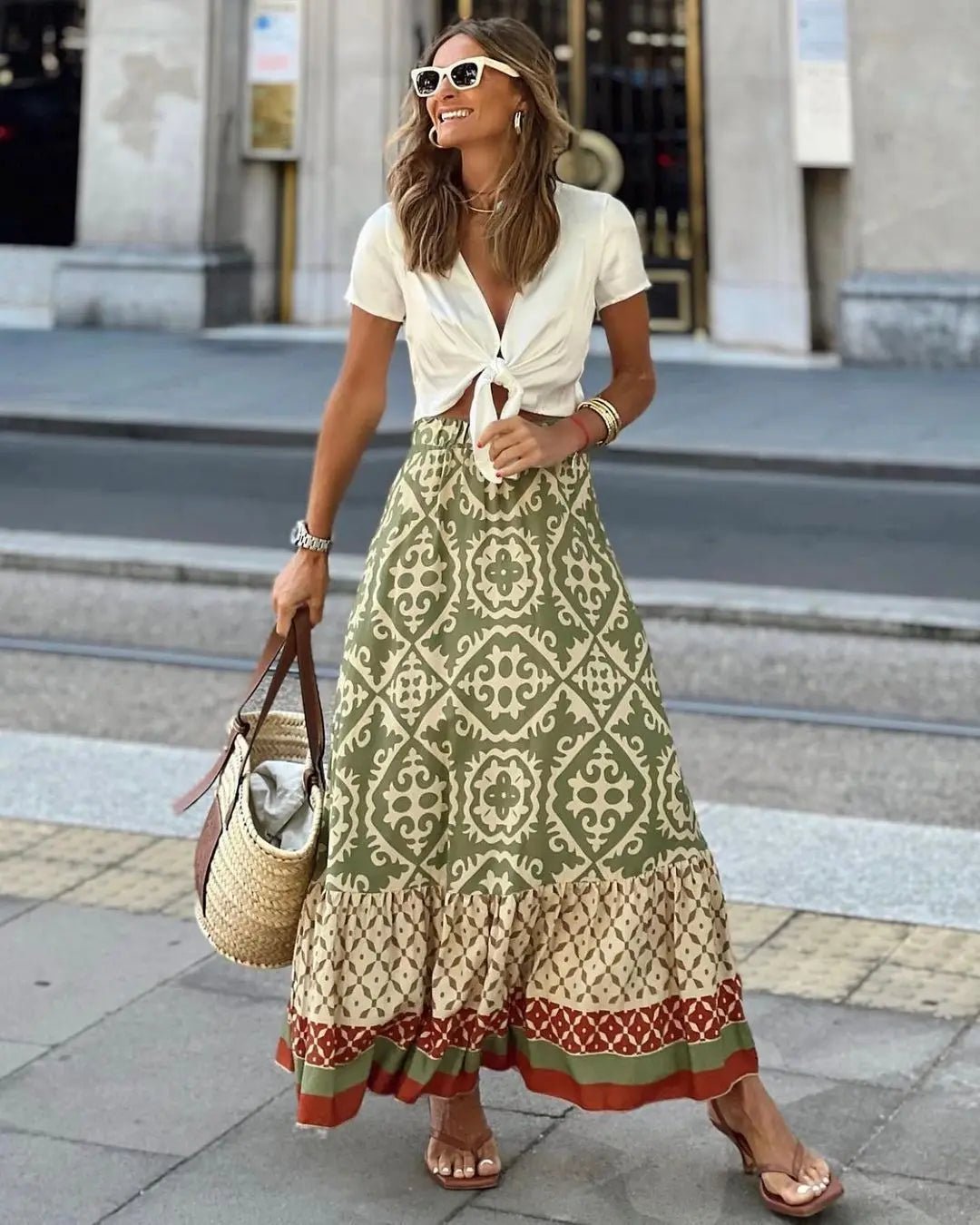 Jupe midi Rhea évasée imprimée bohème