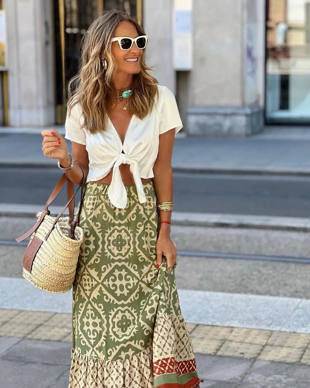 Jupe midi Rhea évasée imprimée bohème