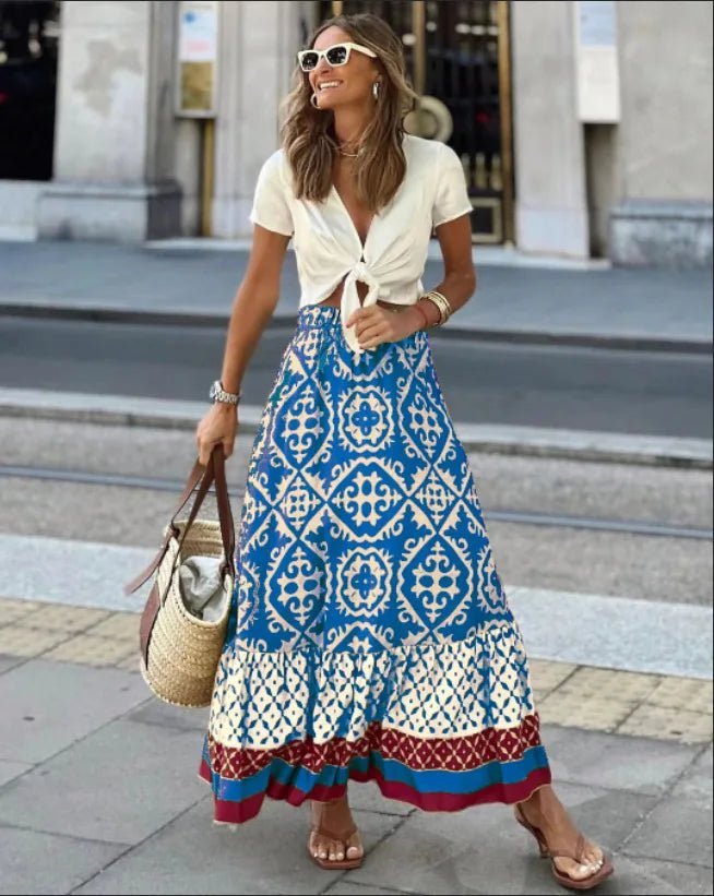 Jupe midi Rhea évasée imprimée bohème