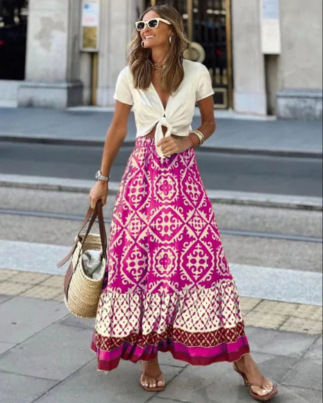 Jupe midi Rhea évasée imprimée bohème