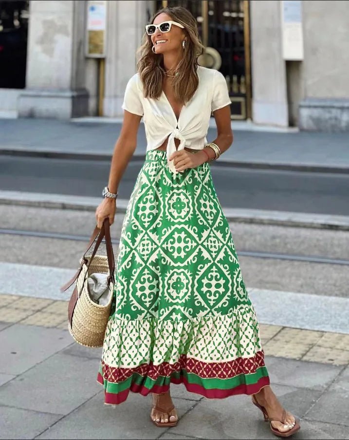 Jupe midi Rhea évasée imprimée bohème