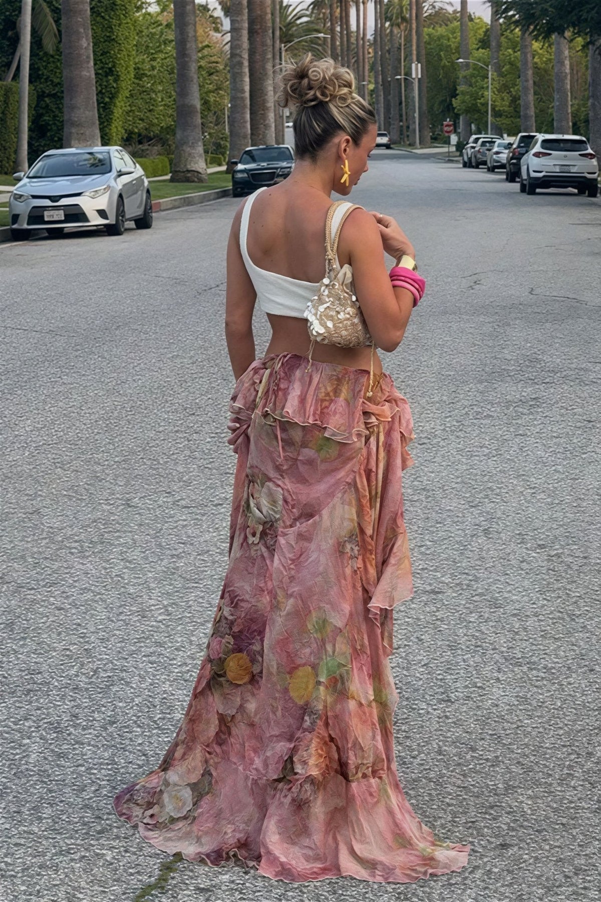 Jupe asymétrique Rosalia à volants et motif floral