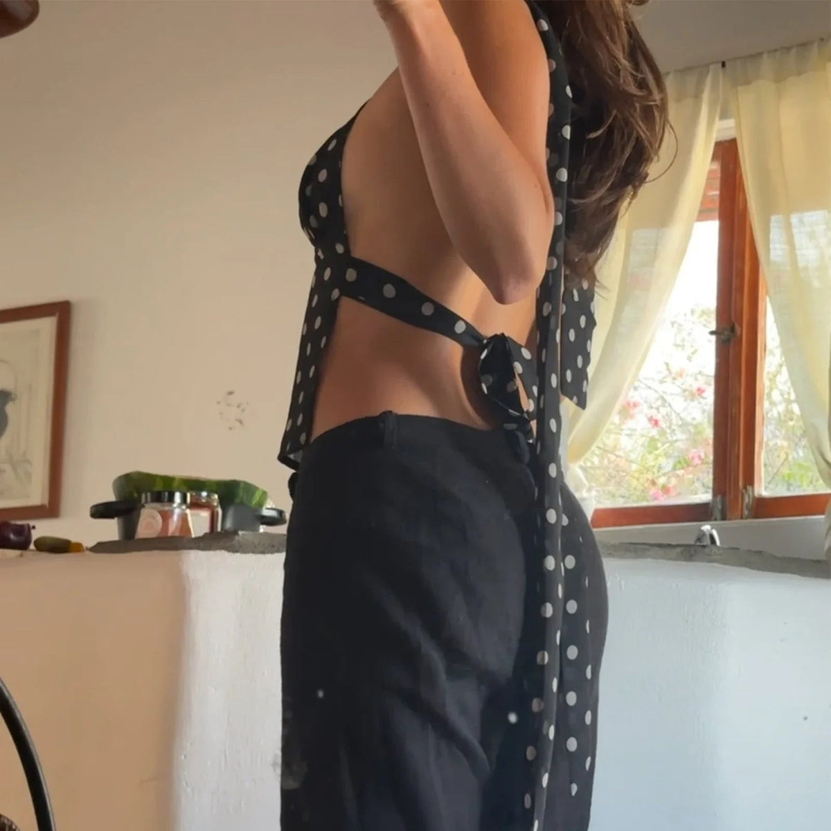 Top caraco Ruffa à pois et dos nu