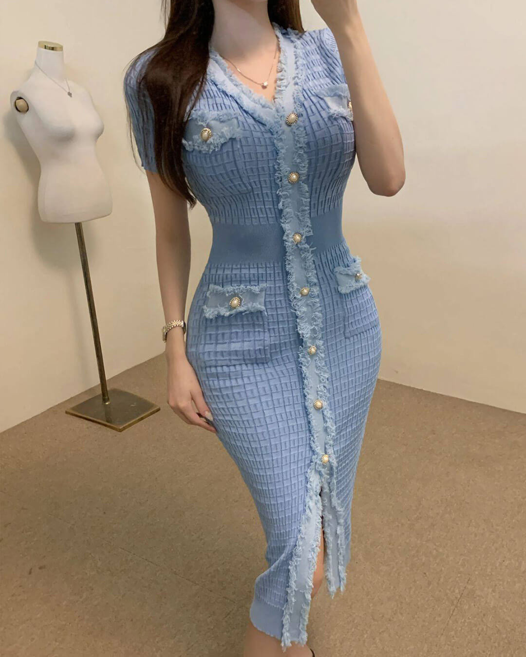 Sabrina V-Neck Knitted Sweater Dress