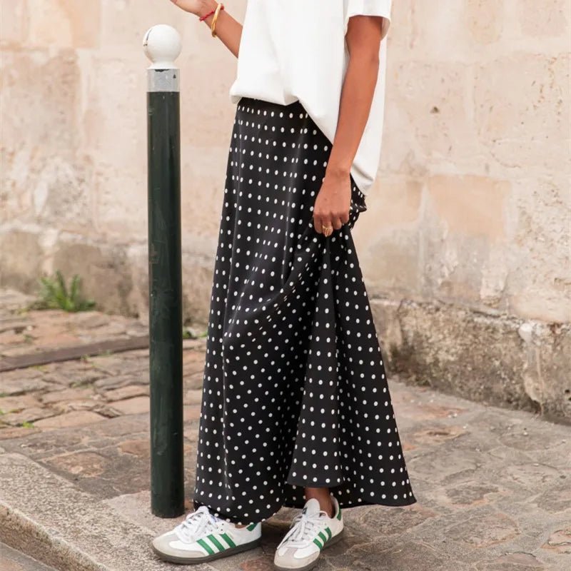 Jupe longue Saoirse à pois avec finition satinée