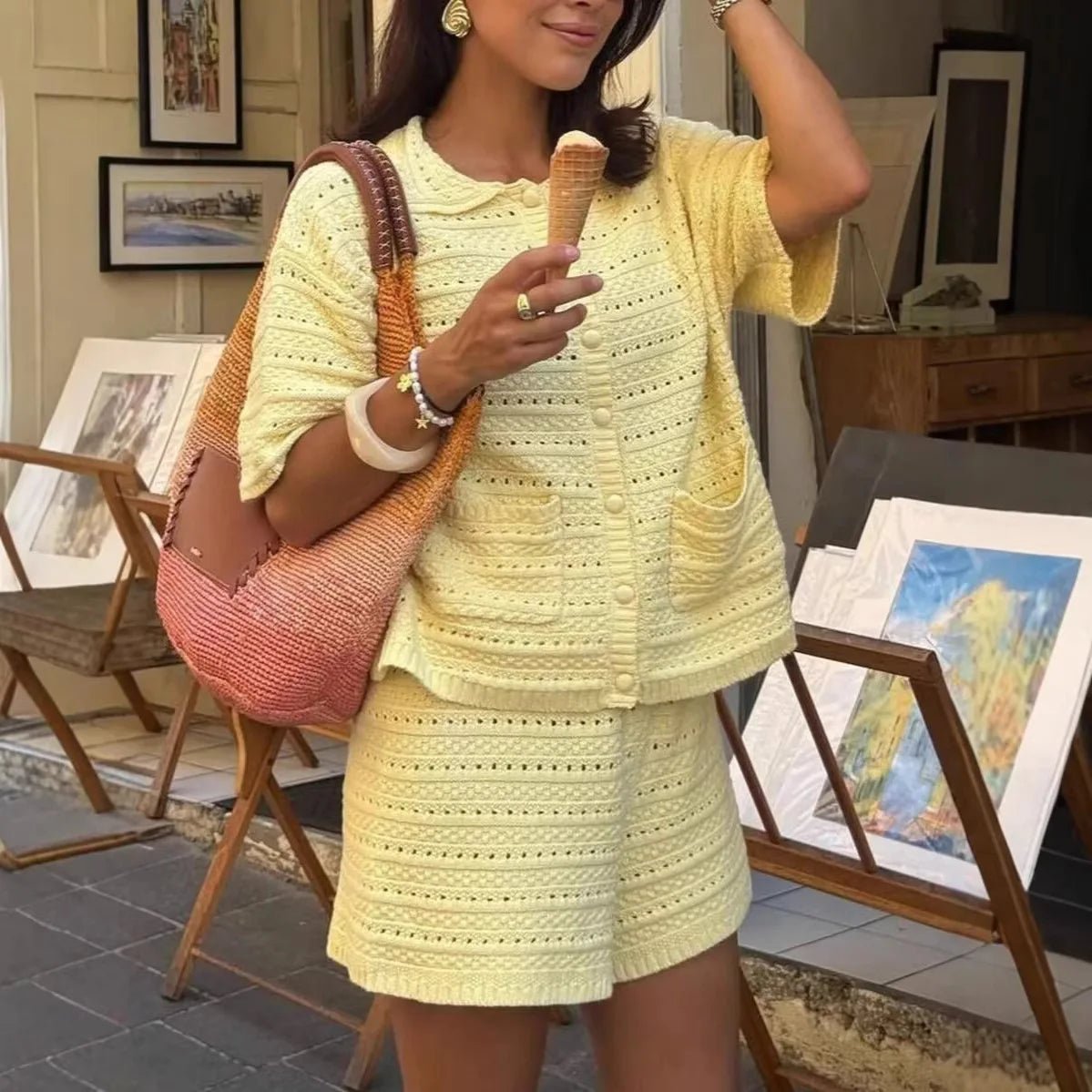 Ensemble Sasha en maille unie avec cardigan et short