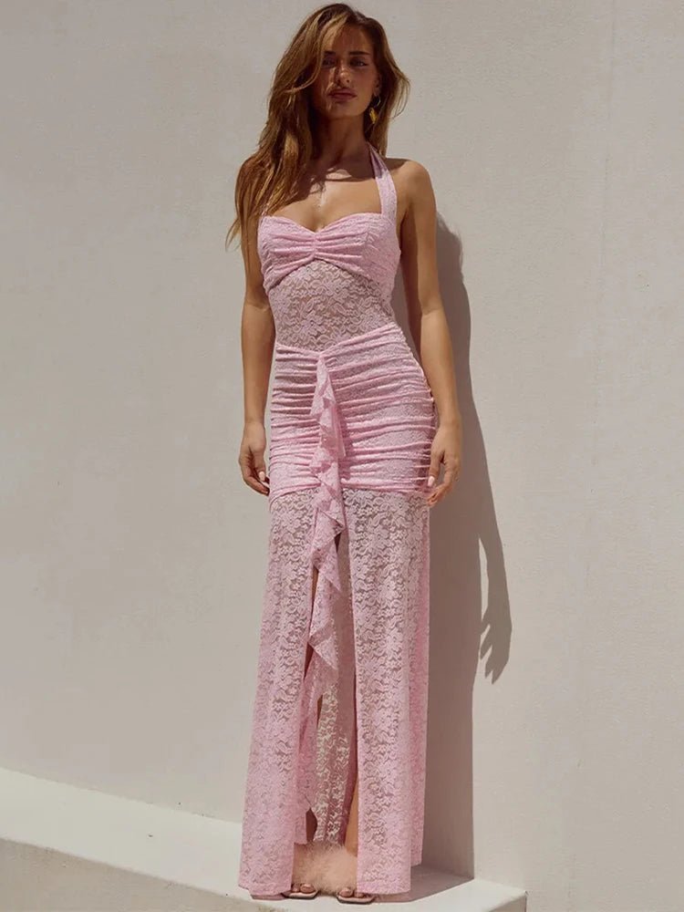 Robe longue dos nu drapée en dentelle Selene
