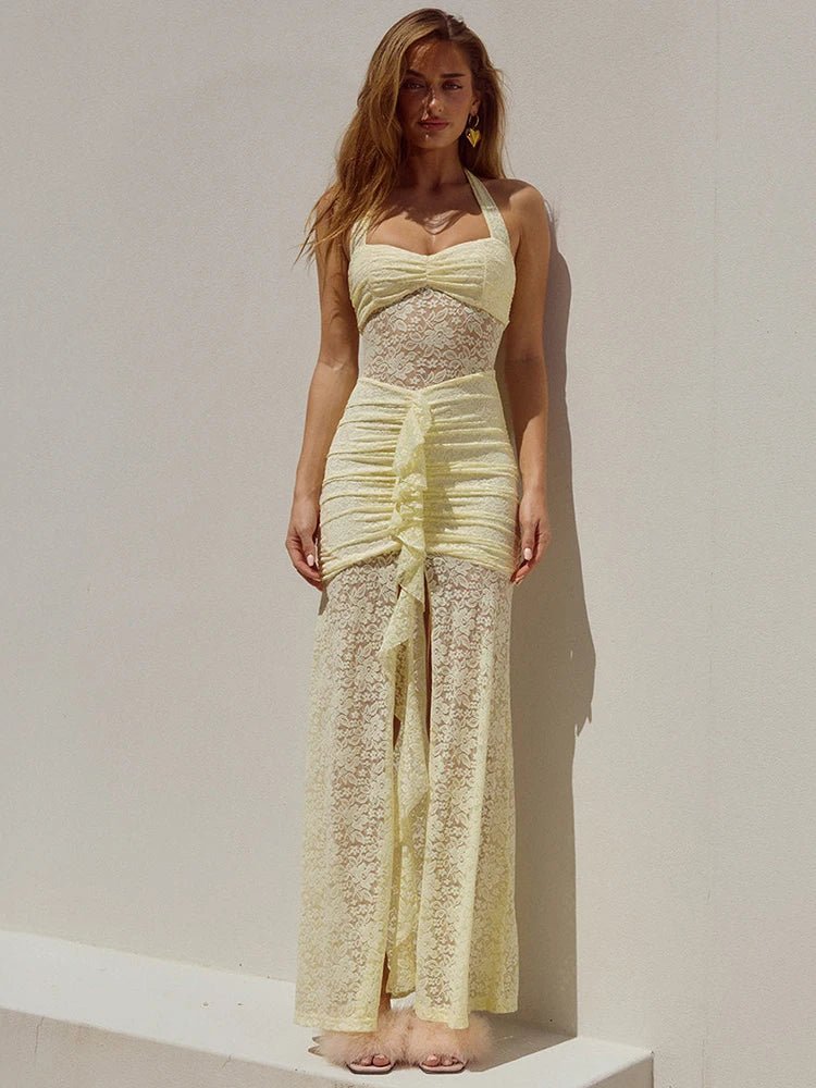 Robe longue dos nu drapée en dentelle Selene