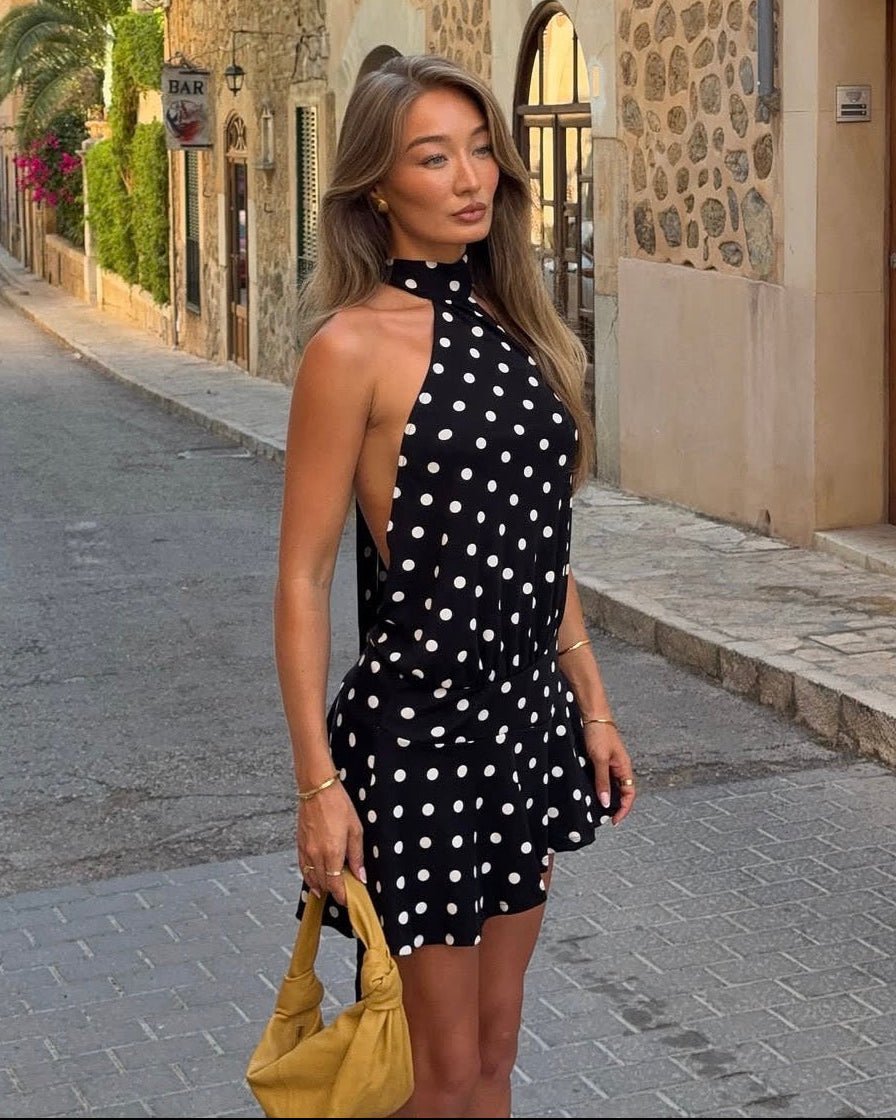 Robe courte dos ouvert à pois et col dos nu Serena
