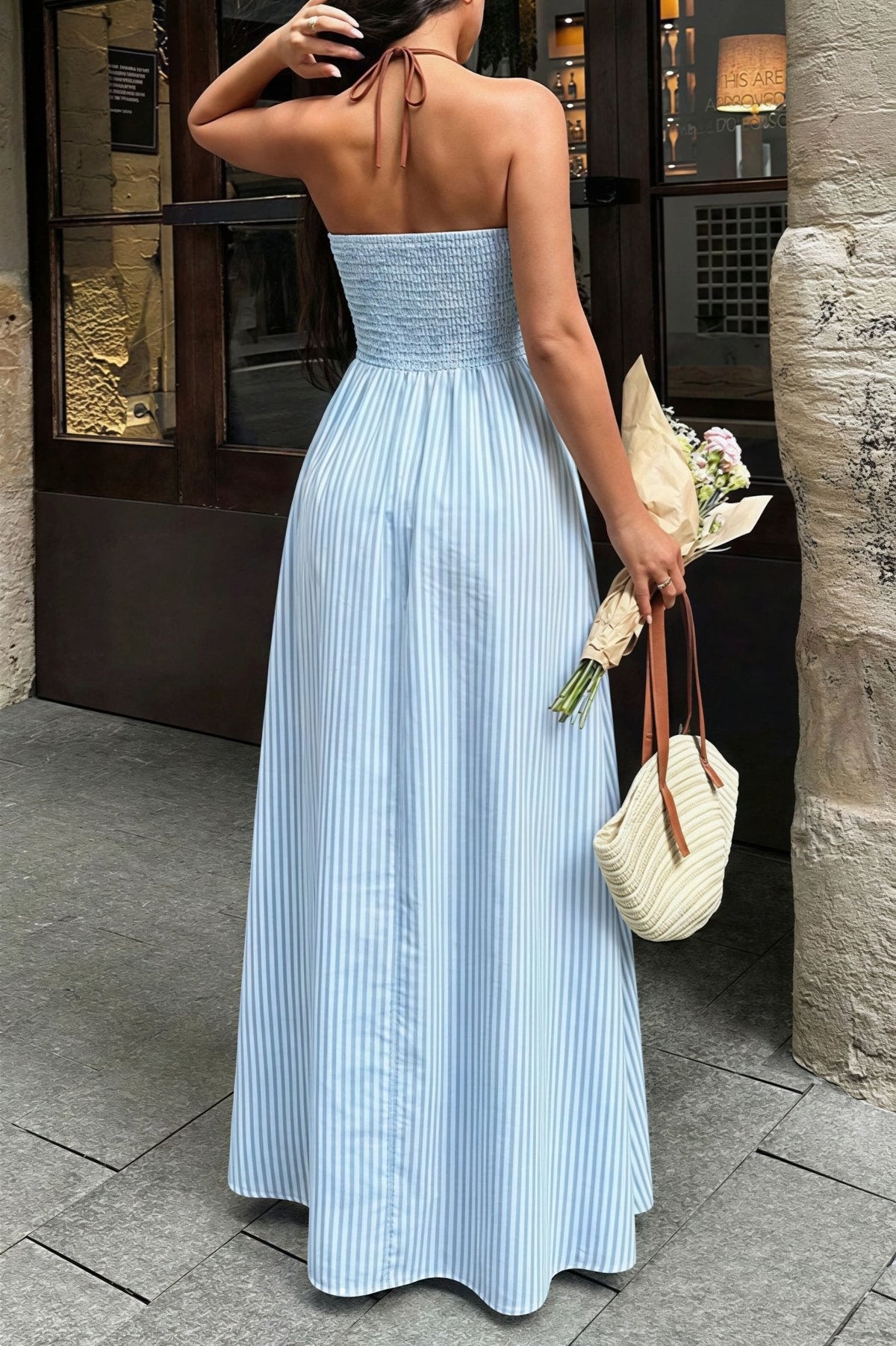 Robe longue Sevilla rayée à décolleté plongeant en V