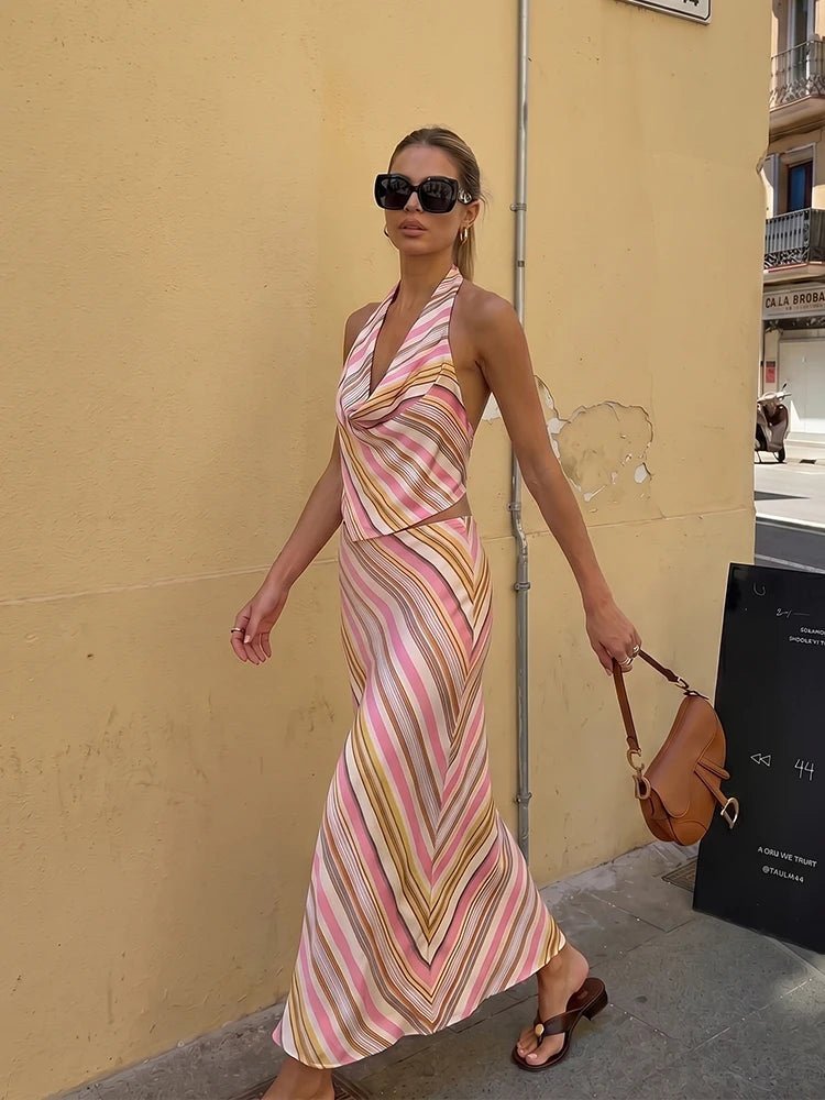 Ensemble deux-pièces bohème en satin rayé Sienna