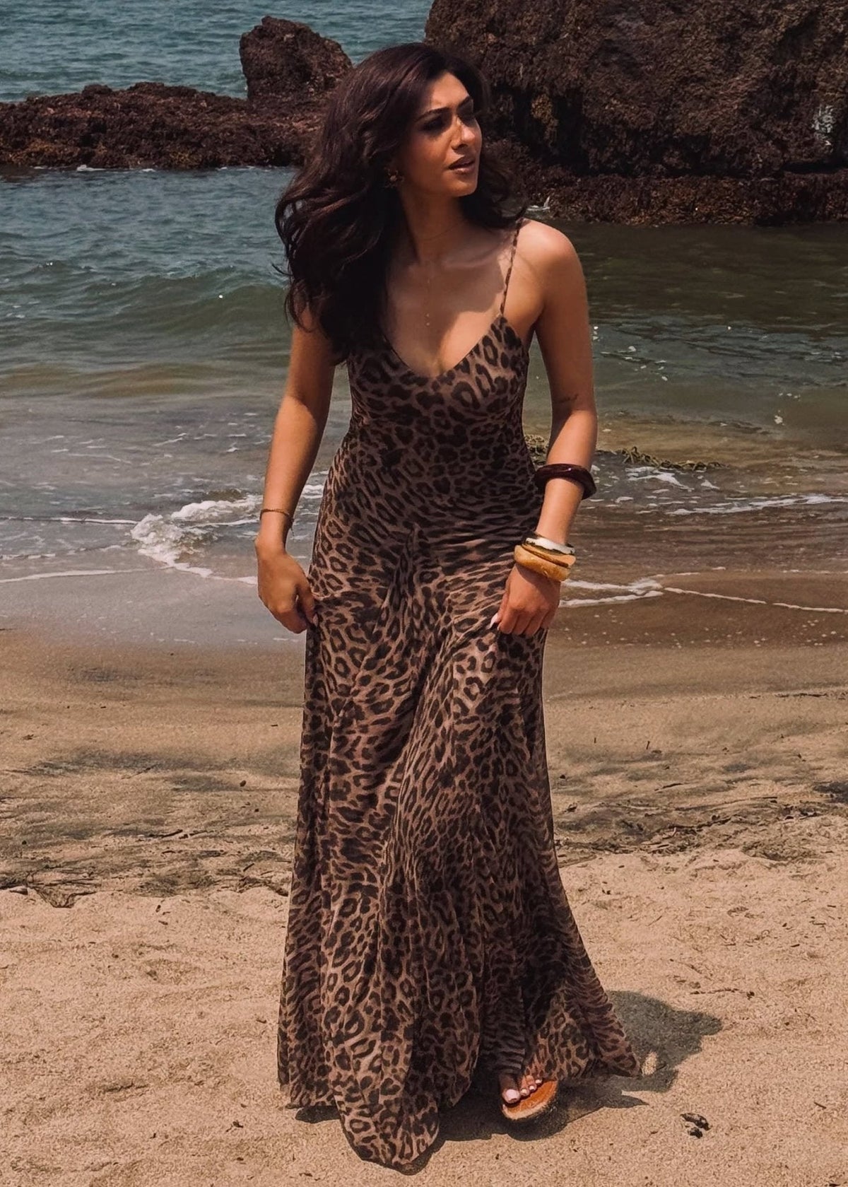 Robe longue à bretelles imprimée léopard Sienna