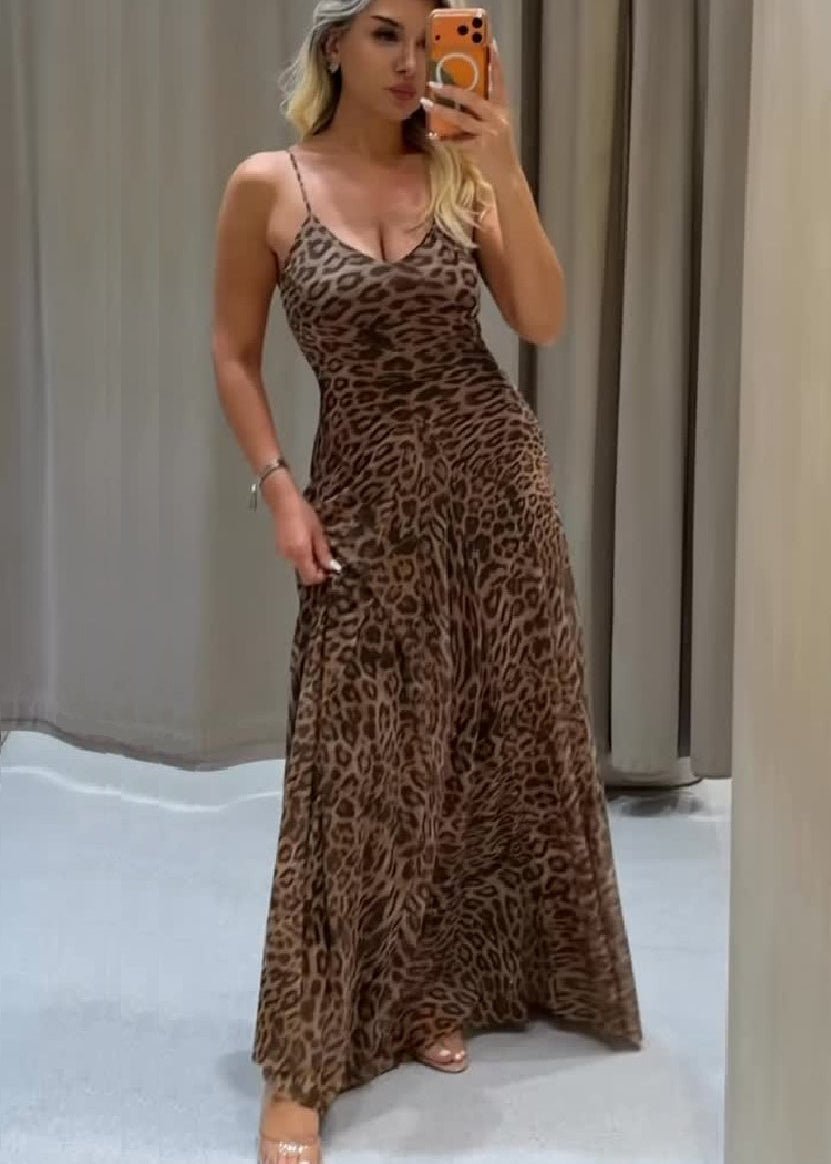 Robe longue à bretelles imprimée léopard Sienna