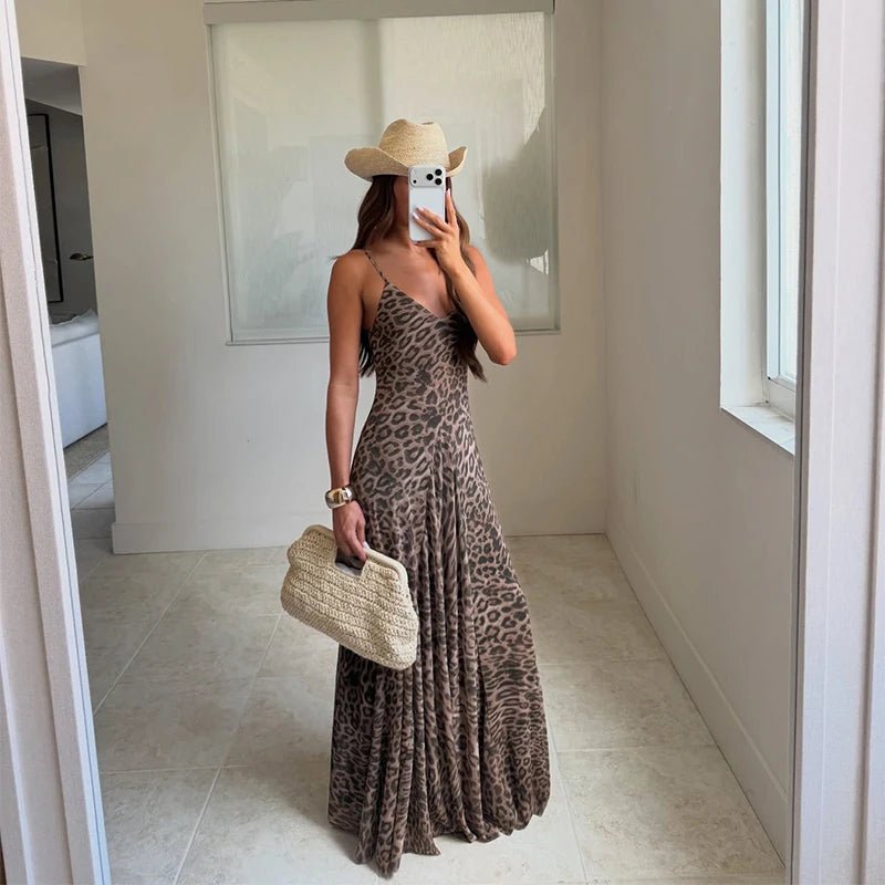 Robe longue à bretelles imprimée léopard Sienna