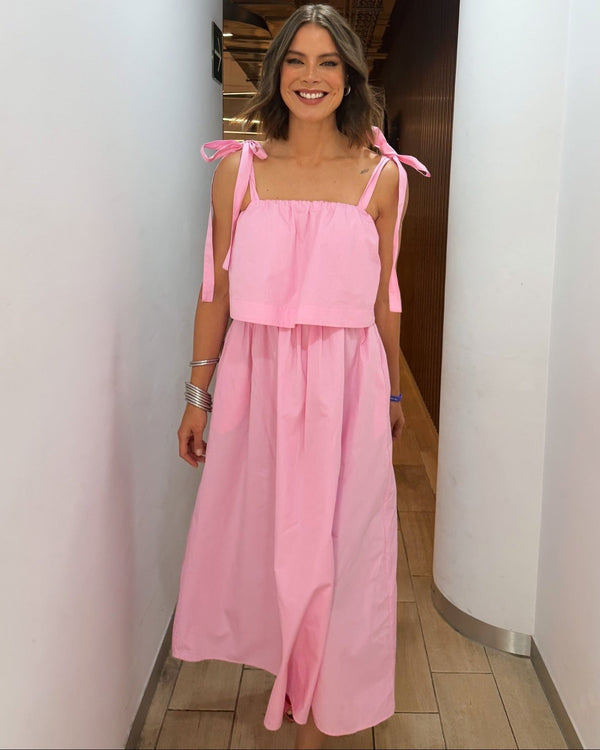 Robe midi Sophia rose à nœud et volants