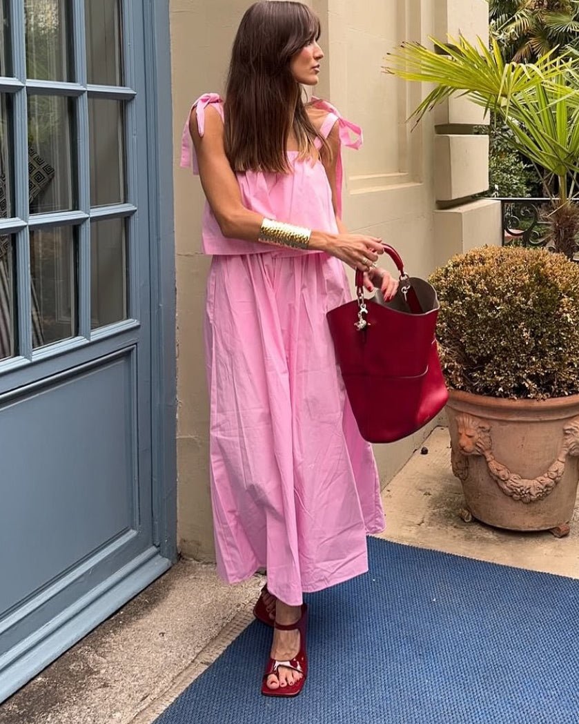 Robe midi Sophia rose à nœud et volants