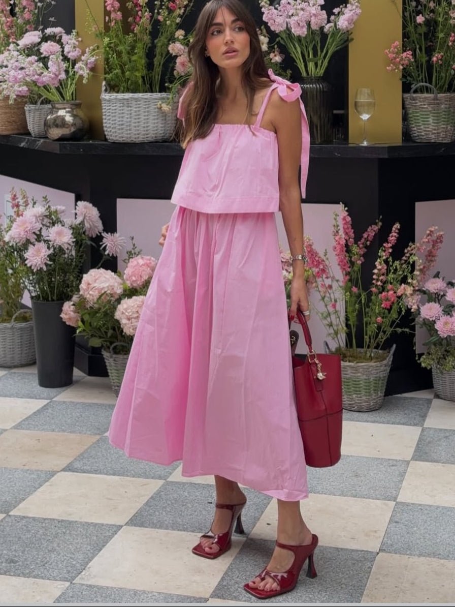 Robe midi Sophia rose à nœud et volants