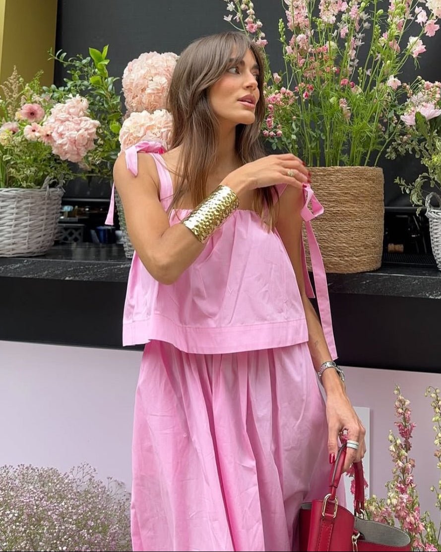 Robe midi Sophia rose à nœud et volants