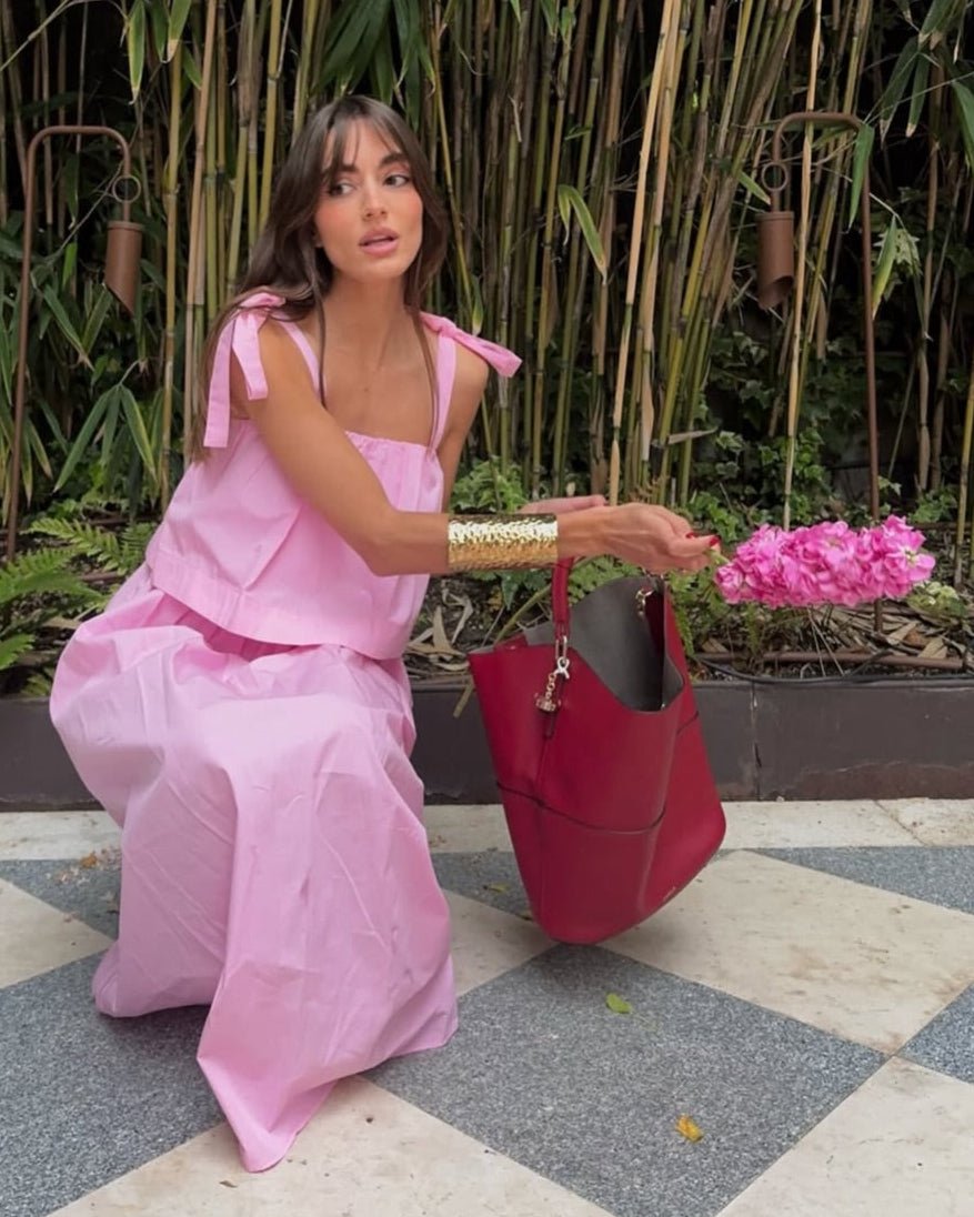 Robe midi Sophia rose à nœud et volants