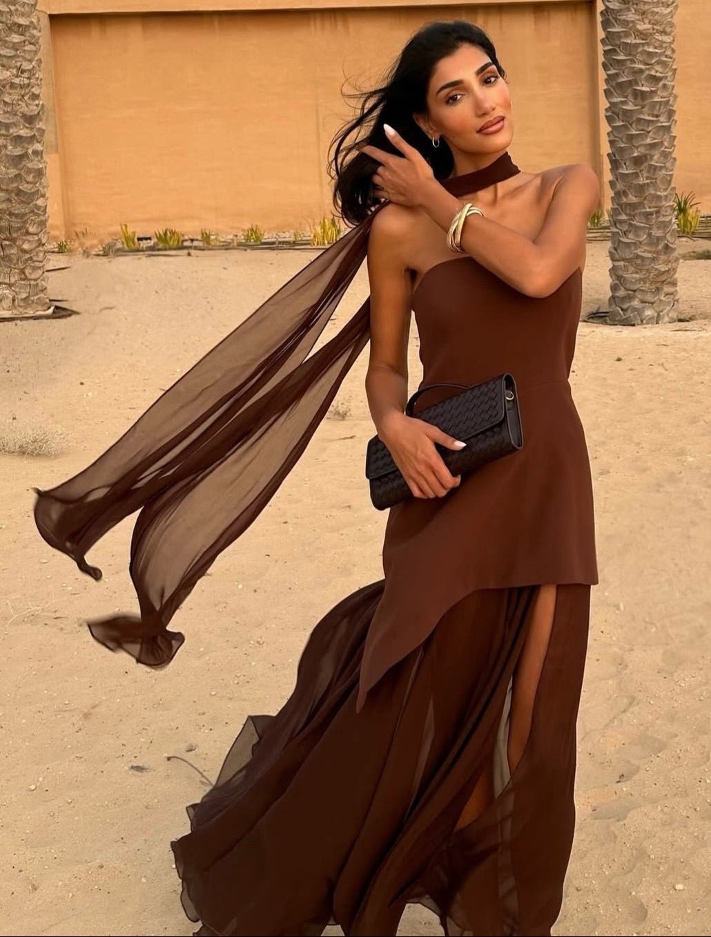 Sophia Strapless Mesh Scarf Maxi Dress