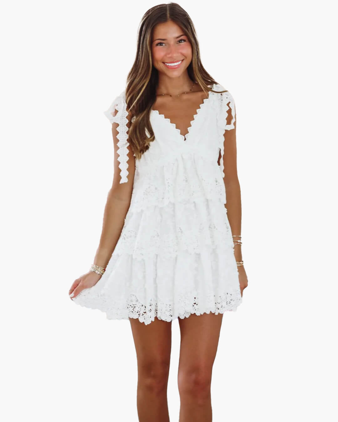 Mini-robe Sophia en dentelle à encolure en V et volants superposés