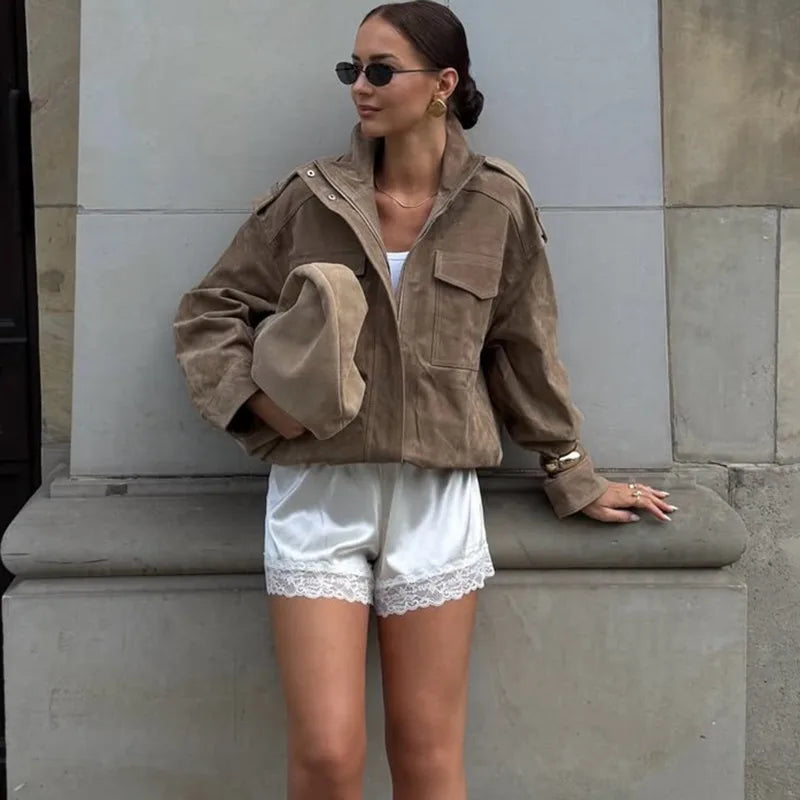 Blouson bomber oversize en daim à col montant