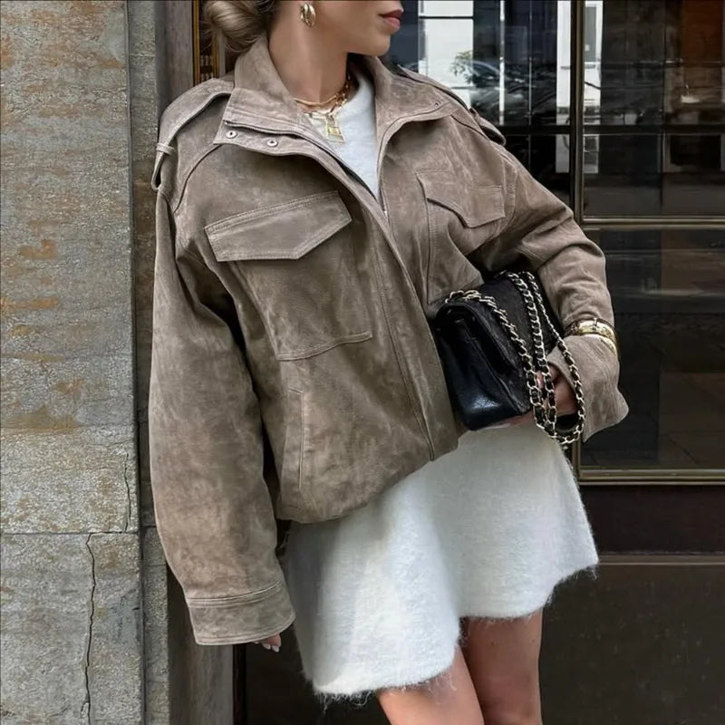 Blouson bomber oversize en daim à col montant