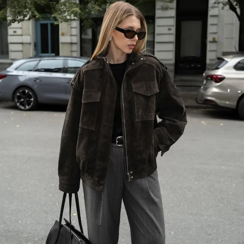 Blouson bomber oversize en daim à col montant
