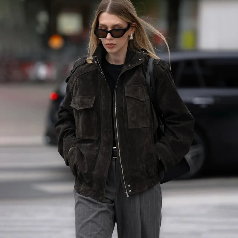Blouson bomber oversize en daim à col montant