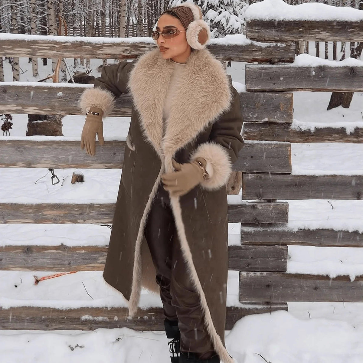 Long manteau Sydney en daim synthétique et fausse fourrure