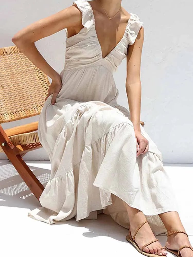 Robe longue à volants en coton et lin Tahlia