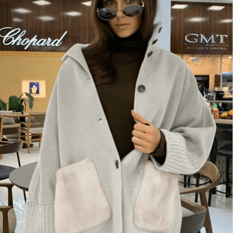 Terry Turtleneck Faux Fur Knit Coat