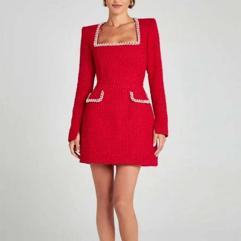 Robe longue à manches longues et col carré en tweed